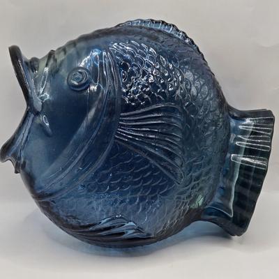 LOT 48: 3 Shades of Blue/ Fish Vase, Recycled Glass Vase, and Glass Barrel Vase