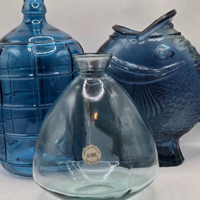LOT 48: 3 Shades of Blue/ Fish Vase, Recycled Glass Vase, and Glass Barrel Vase