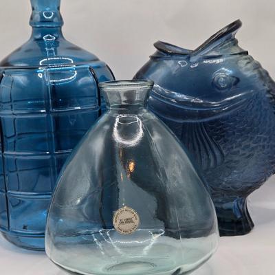 LOT 48: 3 Shades of Blue/ Fish Vase, Recycled Glass Vase, and Glass Barrel Vase