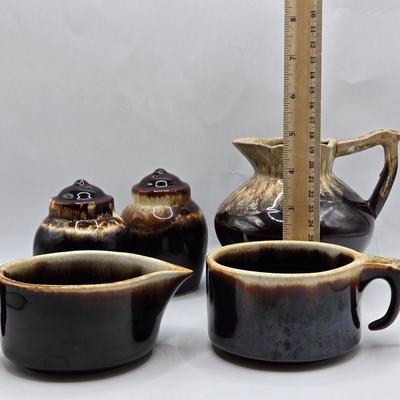 LOT 49: Various Pfaltzgraff, McCoy, and Other Brown Dripped Glaze Pottery Pieces