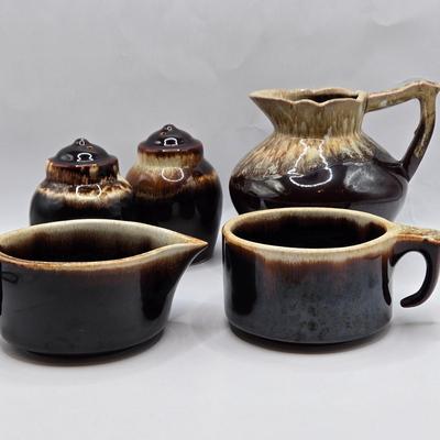 LOT 49: Various Pfaltzgraff, McCoy, and Other Brown Dripped Glaze Pottery Pieces