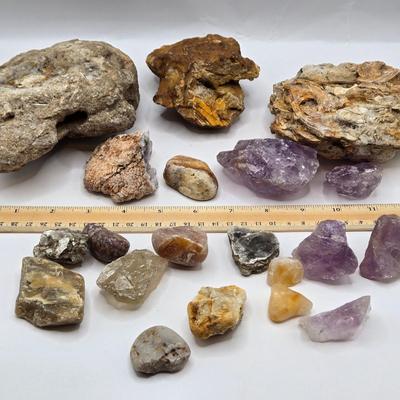 LOT 112: 2025 Astrology Calendar, Crystal Growing Kit, and Various Rocks and Crystals