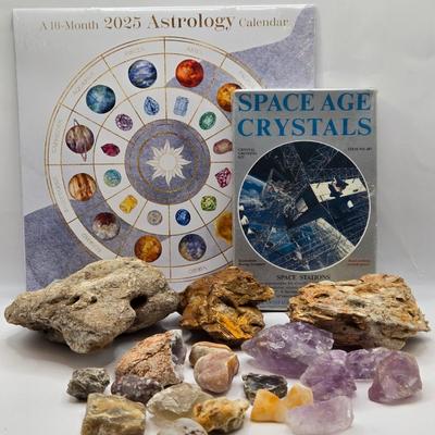 LOT 112: 2025 Astrology Calendar, Crystal Growing Kit, and Various Rocks and Crystals