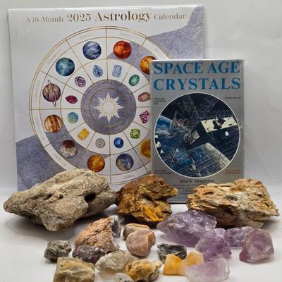 LOT 112: 2025 Astrology Calendar, Crystal Growing Kit, and Various Rocks and Crystals