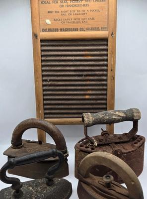LOT 117: Vintage Washboard and Various Vintage Irons