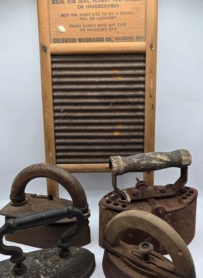 LOT 117: Vintage Washboard and Various Vintage Irons