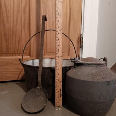 LOT 144: Vintage Cast Iron John Wright Tea Kettle, Cooking Pot & Ladle