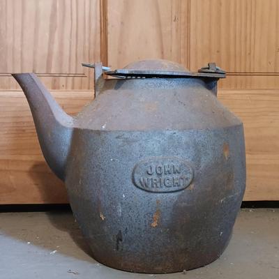 LOT 144: Vintage Cast Iron John Wright Tea Kettle, Cooking Pot & Ladle