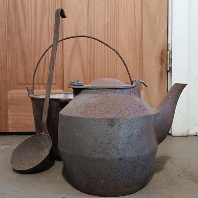 LOT 144: Vintage Cast Iron John Wright Tea Kettle, Cooking Pot & Ladle