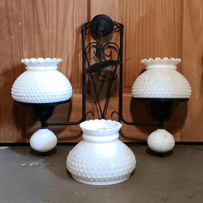 LOT 145: Vintage Wrought Iron and Milk Glass Chandelier, Iron Floor Lamp & Hurricane Glass