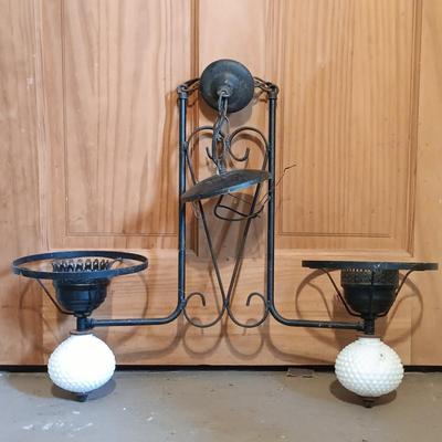 LOT 145: Vintage Wrought Iron and Milk Glass Chandelier, Iron Floor Lamp & Hurricane Glass