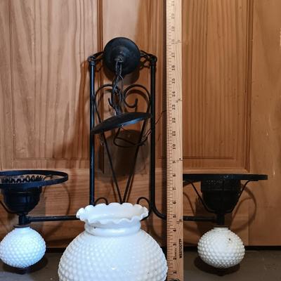 LOT 145: Vintage Wrought Iron and Milk Glass Chandelier, Iron Floor Lamp & Hurricane Glass
