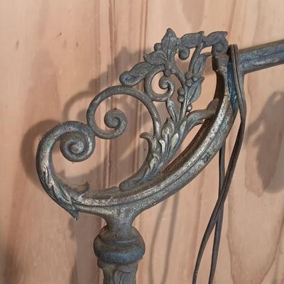 LOT 145: Vintage Wrought Iron and Milk Glass Chandelier, Iron Floor Lamp & Hurricane Glass