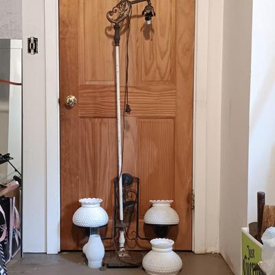 LOT 145: Vintage Wrought Iron and Milk Glass Chandelier, Iron Floor Lamp & Hurricane Glass