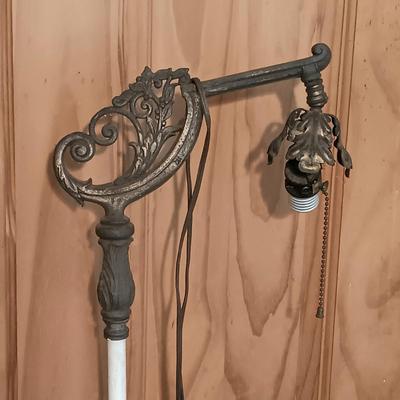 LOT 145: Vintage Wrought Iron and Milk Glass Chandelier, Iron Floor Lamp & Hurricane Glass