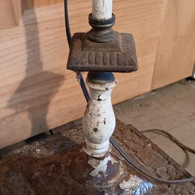 LOT 145: Vintage Wrought Iron and Milk Glass Chandelier, Iron Floor Lamp & Hurricane Glass