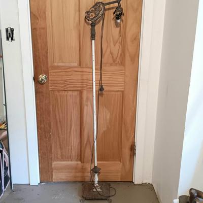 LOT 145: Vintage Wrought Iron and Milk Glass Chandelier, Iron Floor Lamp & Hurricane Glass