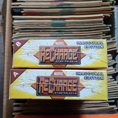 LOT 152: Marvel ReCharge Starter Decks, Wheaties 75 Years of Champions Cards & Large Lot of Comic Books