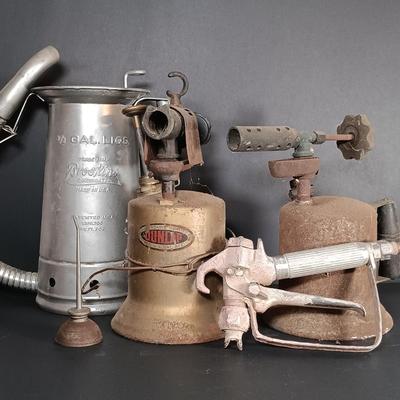 LOT 156: Brookins 1/2 Gallon Oil Can, (2) Brass and Steel Handheld Torches, Paint Spray Gun & Mini Oil Can
