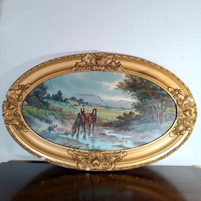 LOT 157: Pair of Vintage Wood Oval Framed Art Prints