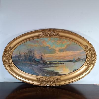 LOT 157: Pair of Vintage Wood Oval Framed Art Prints