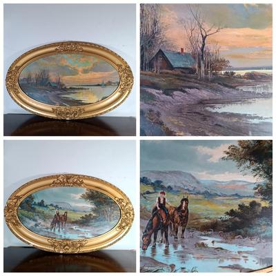 LOT 157: Pair of Vintage Wood Oval Framed Art Prints
