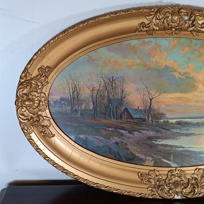 LOT 157: Pair of Vintage Wood Oval Framed Art Prints