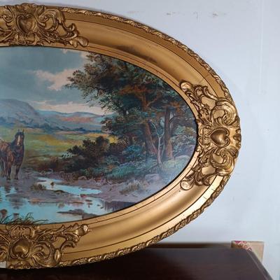 LOT 157: Pair of Vintage Wood Oval Framed Art Prints