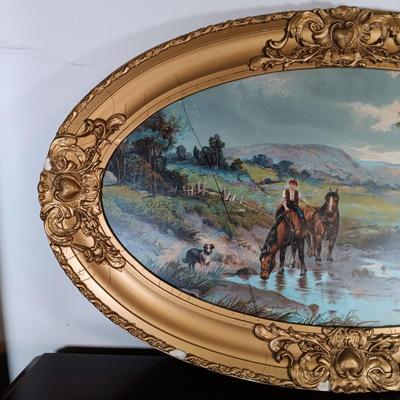 LOT 157: Pair of Vintage Wood Oval Framed Art Prints
