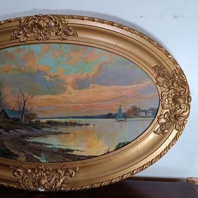 LOT 157: Pair of Vintage Wood Oval Framed Art Prints
