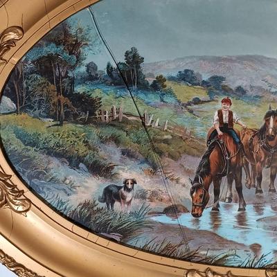 LOT 157: Pair of Vintage Wood Oval Framed Art Prints