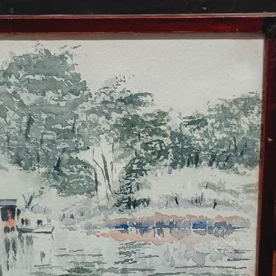 LOT 164: Signed Press Wright Watercolor with Bankers Lamp & Antique Table