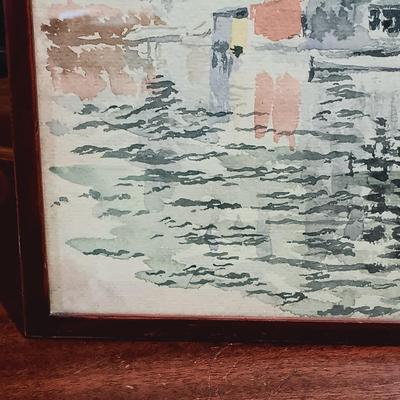 LOT 164: Signed Press Wright Watercolor with Bankers Lamp & Antique Table