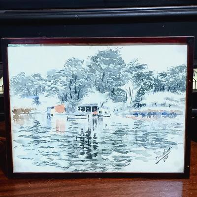 LOT 164: Signed Press Wright Watercolor with Bankers Lamp & Antique Table