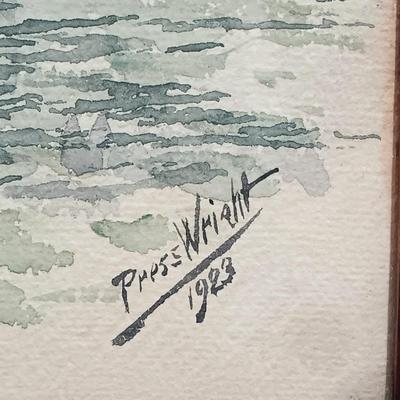 LOT 164: Signed Press Wright Watercolor with Bankers Lamp & Antique Table