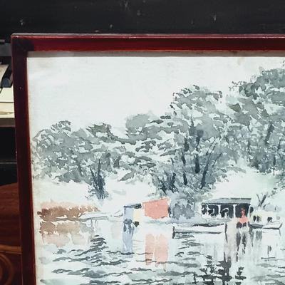 LOT 164: Signed Press Wright Watercolor with Bankers Lamp & Antique Table