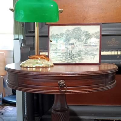 LOT 164: Signed Press Wright Watercolor with Bankers Lamp & Antique Table