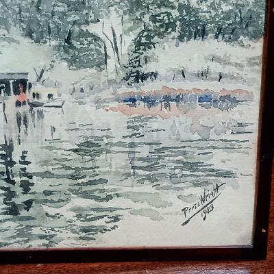 LOT 164: Signed Press Wright Watercolor with Bankers Lamp & Antique Table