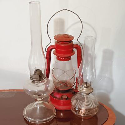 LOT 165: Vintage Dietz Glass and Metal Lantern, Giant Oil Lamp & Kaadan Oil Lamp