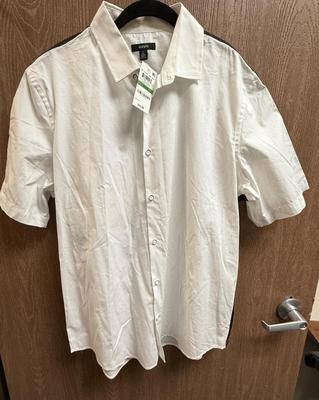 Alfani Men's Short Sleeve Button Up White Shirt with black side stripes
