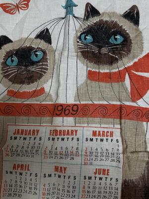 Vintage Linen Tea Towel 1969 VCalendar Siamese Cats