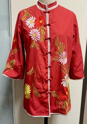 Vintage Chuchi Chinese Asian Red Blouse Jacket Embroidered Flowers