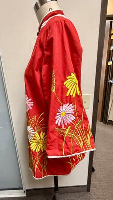 Vintage Chuchi Chinese Asian Red Blouse Jacket Embroidered Flowers