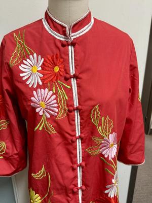 Vintage Chuchi Chinese Asian Red Blouse Jacket Embroidered Flowers
