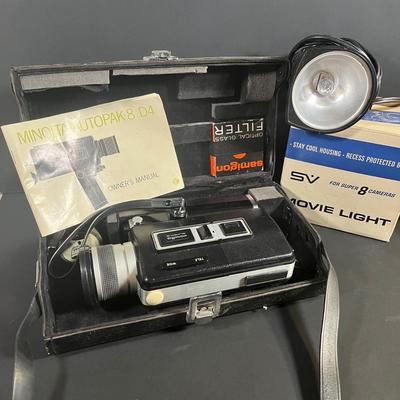 LOT 42B: Vintage Minolta AutoPak-8 D4 Super 8 Movie Camera in Case + Movie Light Accessory