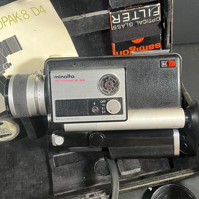 LOT 42B: Vintage Minolta AutoPak-8 D4 Super 8 Movie Camera in Case + Movie Light Accessory