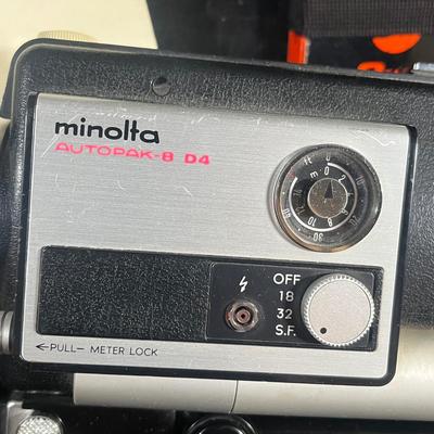 LOT 42B: Vintage Minolta AutoPak-8 D4 Super 8 Movie Camera in Case + Movie Light Accessory