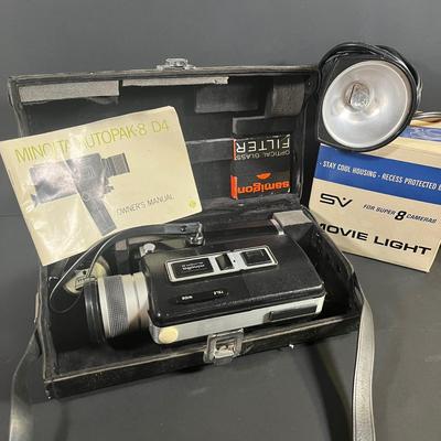 LOT 42B: Vintage Minolta AutoPak-8 D4 Super 8 Movie Camera in Case + Movie Light Accessory