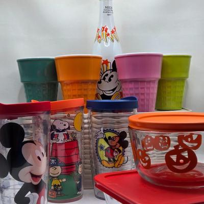 LOT 44K: Colorful Melamine Ice-cream Cups, Insulated Tervis Cups with Fun Characters, and More