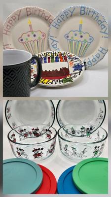 LOT 45K: Birthday Plates, Disney Pyrex Bowls with Lids, and Big Mug for When You Need That Extra Jolt of Coffee